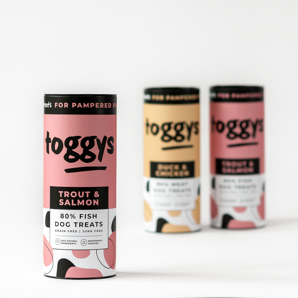 Product photography of Toggys dog food packaging